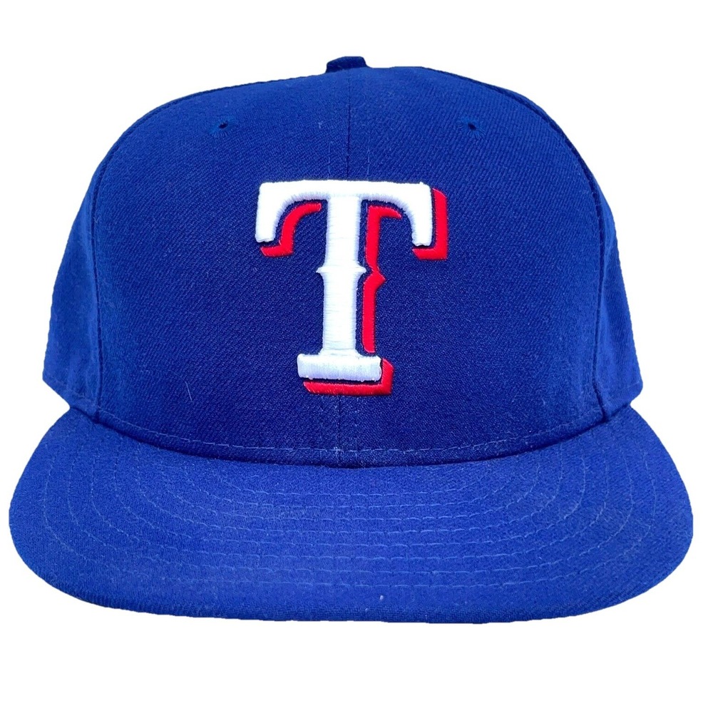 Texas Rangers Hat Cap Fitted Size 7 3/4 Blue Red 59Fifty Flat Bill USA AA‎